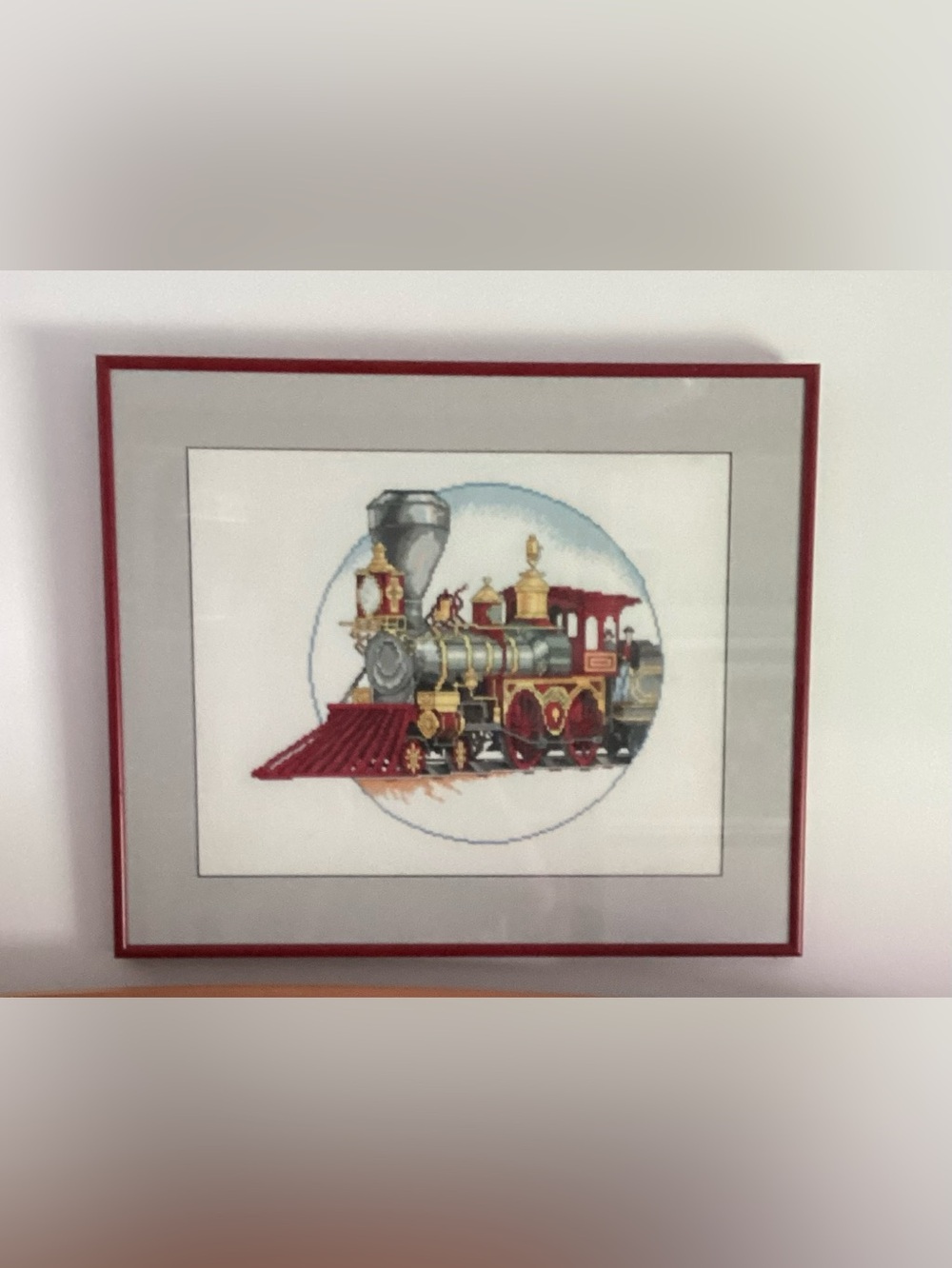 Vintage Framed & Matted Cross-Stitched Steam Locomotive